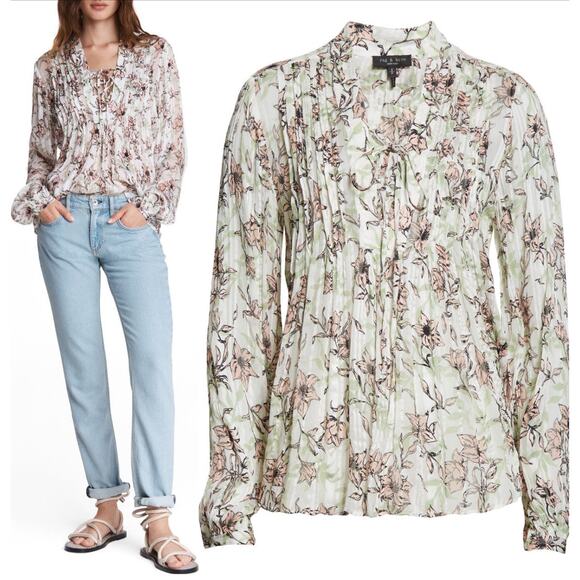 Rag & Bone Sachi Floral Print Blouse Top Long Sleeve Green/White Size S NWOT